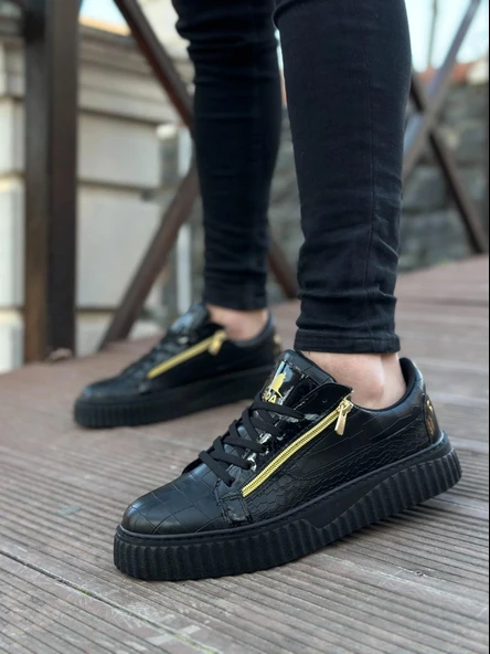 SNR-308 BOA Kalın Yüksek Taban Çift Fermuarlı Siyah Siyah Erkek Ayakkabı - 6