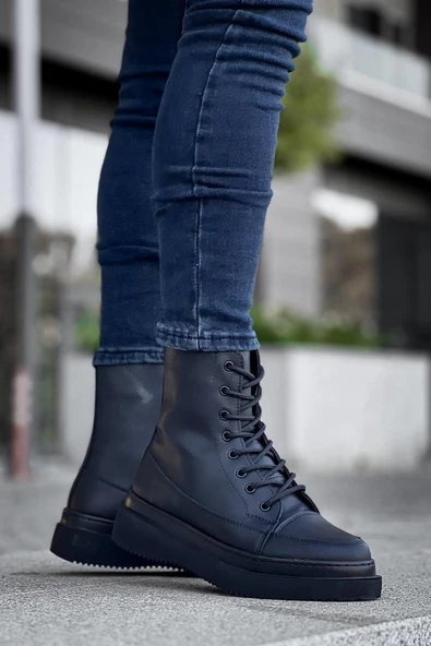 KB-0991  Kuback Siyah Cilt Siyah Yüksek Taban  Bağcıklı  Postal Bot - 4