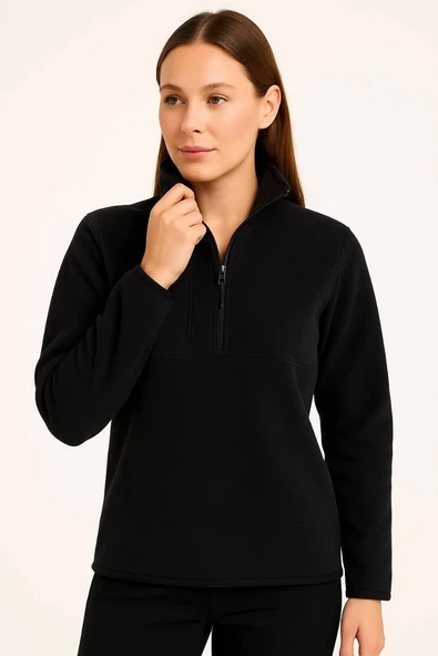 Kadın Polar Kazak – Dik Yaka, Yarım Fermuarlı, Fermuarlı Göğüs Cepli, Siyah Biyeli, Kışlık Rahat Regular Fit Günlük Mode - 3