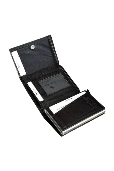 Siyah Otomatik Mekanizmalı Üçe Katlamalı Hakiki Deri Kredi Kartlık - 3007-Siyah - Resim 4