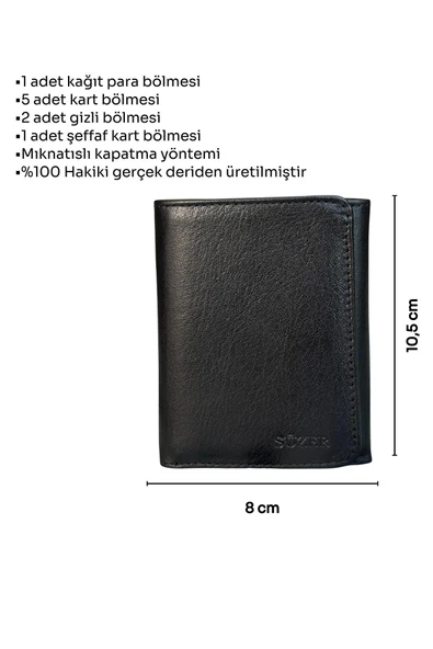 Siyah Mıknatıslı Üçe Katlanır Model Hakiki Deri Spor Erkek Cüzdan - 3018-Siyah - Resim 6