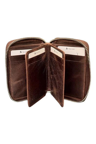 Crazy Kahverengi Hakiki Deri Fermuarlı Mini Boy Unisex Spor Cüzdan - 3035-Kahve - Resim 4