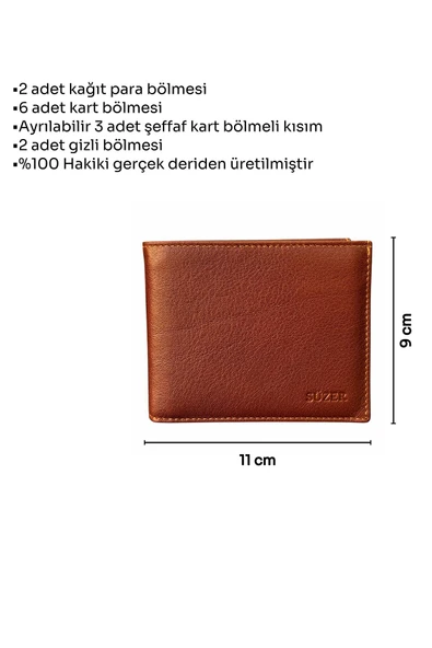 Taba Hakiki Deri Ayrılabilir İç Bölmeli Yatay Model Klasik Erkek Cüzdan  3017-Taba - Resim 5