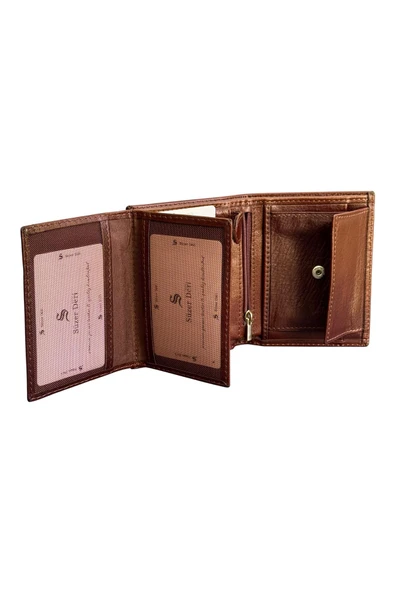 Kahverengi Hakiki Deri Fermuarlı ve Madeni Para Bölmeli Dikey Klasik Erkek Cüzdan - 3002-Kahve - Resim 4