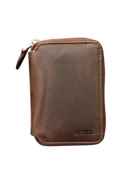 Crazy Kahverengi Hakiki Deri Fermuarlı Mini Boy Unisex Spor Cüzdan - 3035-Kahve - Resim 5