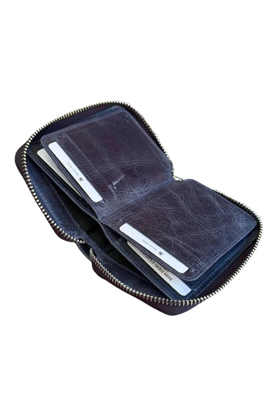 Crazy Lacivert Hakiki Deri Fermuarlı Mini Boy Unisex Spor Cüzdan - 3035-Lacivert - Resim 5