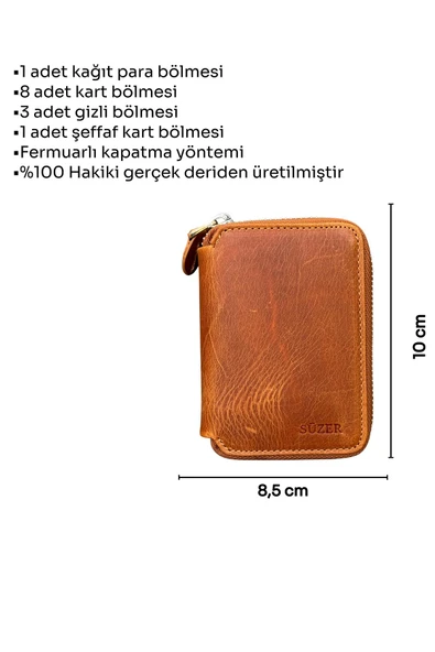 Crazy Taba Hakiki Deri Fermuarlı Mini Boy Unisex Spor Cüzdan - 3035-Taba - Resim 6