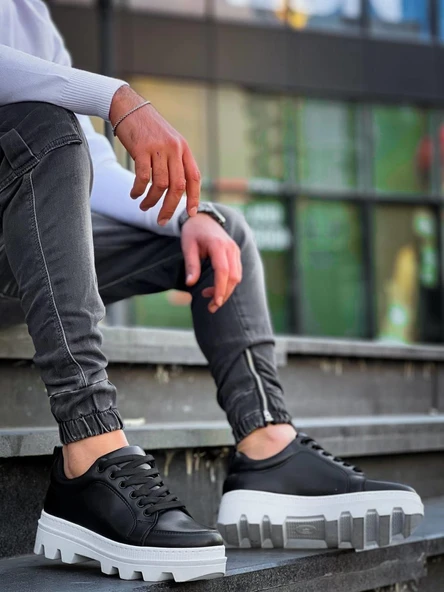 KB-056 Kuback Siyah Cilt Beyaz Yüksek Taban Günlük Spor Ayakkabı - 2