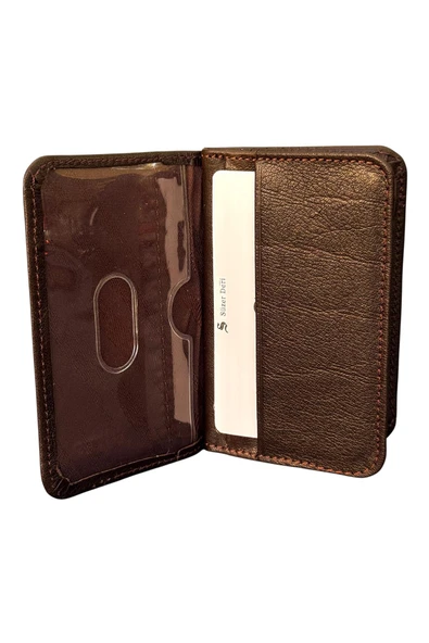 Kahverengi Hakiki Deri Mini Boy İkiye Katlanır Düz Model Kredi Kartlık - 3044-Kahve - Resim 4