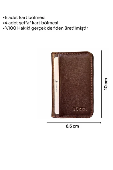 Kahverengi Hakiki Deri Mini Boy İkiye Katlanır Düz Model Kredi Kartlık - 3044-Kahve - Resim 5