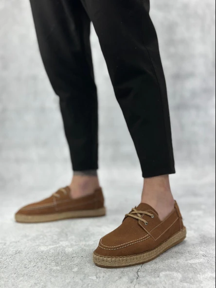 BA0358 BOA Doğal Deri Tozu Bağcıklı Kauçuk El Yapımı Espadril Taban Taba Renk Erkek Ayakkabı - 3