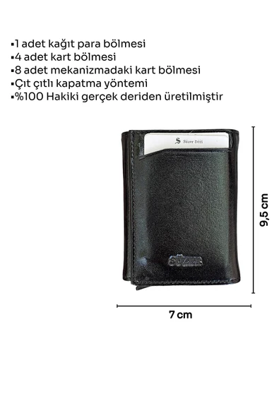 Siyah Otomatik Mekanizmalı Üçe Katlamalı Hakiki Deri Kredi Kartlık - 3007-Siyah - Resim 5