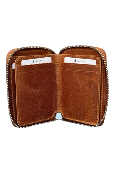 Crazy Taba Hakiki Deri Fermuarlı Mini Boy Unisex Spor Cüzdan - 3035-Taba - Resim 3