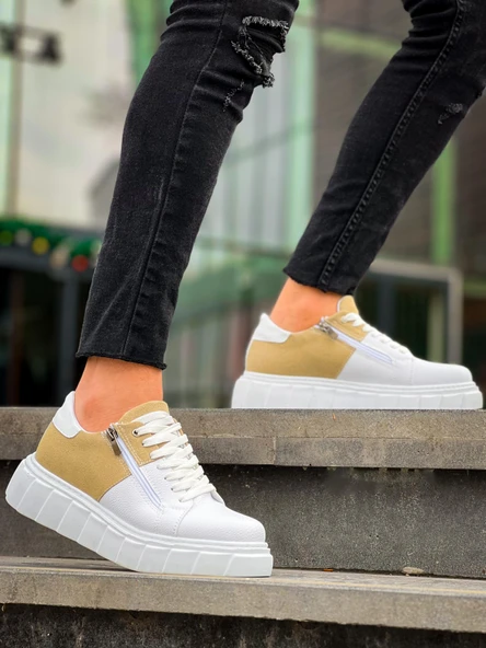 KB-X155 Kuback Beyaz Cilt Bej Süet Detaylı Beyaz Yüksek Taban Günlük Spor Ayakkabı - 4