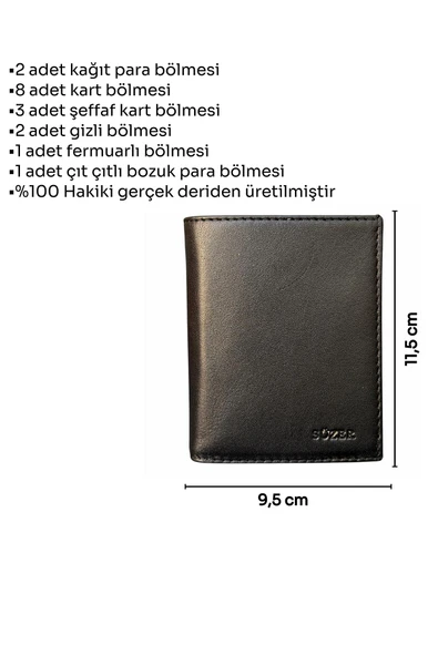 Siyah Hakiki Deri Fermuarlı ve Madeni Para Bölmeli Dikey Klasik Erkek Cüzdan - 3002-Siyah - Resim 5