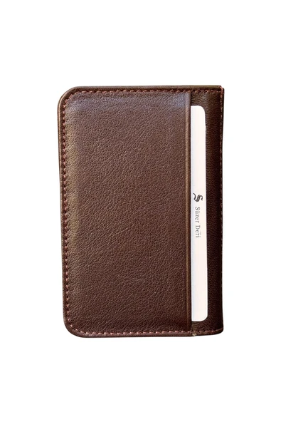 Kahverengi Hakiki Deri Mini Boy İkiye Katlanır Düz Model Kredi Kartlık - 3044-Kahve - Resim 2