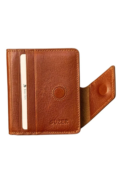 Taba Hakiki Deri İkiye Katlanır Patlı ve Mıknatıslı Model Kredi Kartlık - 3041-Taba - Resim 2