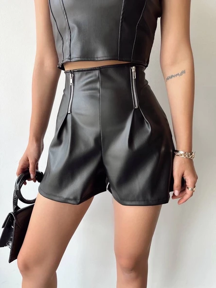 Çift fermuarlı deri şort h24394 ürün görseli