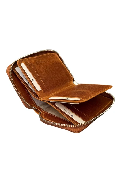 Crazy Taba Hakiki Deri Fermuarlı Mini Boy Unisex Spor Cüzdan - 3035-Taba - Resim 5