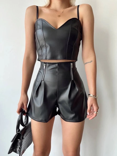 Çift fermuarlı deri şort h24394 - Resim 2