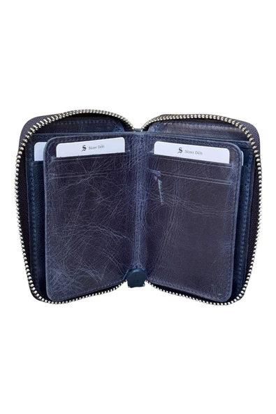 Crazy Lacivert Hakiki Deri Fermuarlı Mini Boy Unisex Spor Cüzdan - 3035-Lacivert - Resim 3