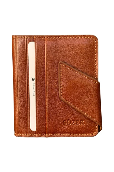 Taba Hakiki Deri İkiye Katlanır Patlı ve Mıknatıslı Model Kredi Kartlık - 3041-Taba ürün görseli