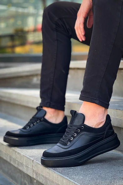 KB-006 Kuback Siyah Cilt Siyah Yüksek Taban Bağcıklı Günlük Erkek Ayakkabı - 2