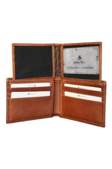 Taba Hakiki Deri Ayrılabilir İç Bölmeli Yatay Model Klasik Erkek Cüzdan  3017-Taba - Resim 3