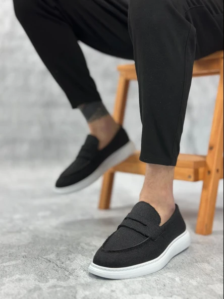 BA0355 Bağcıksız Keten Siyah Klasik Corcik Erkek Ayakkabı