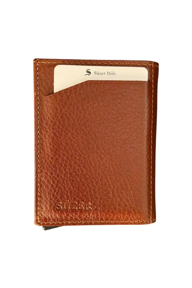 Taba Otomatik Mekanizmalı Üçe Katlamalı Hakiki Deri Kredi Kartlık - 3007-Taba - Resim 2