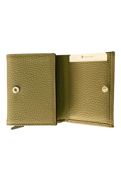 Haki Otomatik Mekanizmalı Üçe Katlamalı Hakiki Deri Kredi Kartlık - 3007-Haki - Resim 3