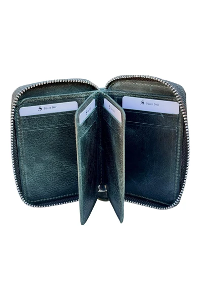 Crazy Haki Hakiki Deri Fermuarlı Mini Boy Unisex Spor Cüzdan - 3035-Haki - Resim 4