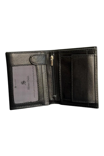 Siyah Hakiki Deri Fermuarlı ve Madeni Para Bölmeli Dikey Klasik Erkek Cüzdan - 3002-Siyah - Resim 4
