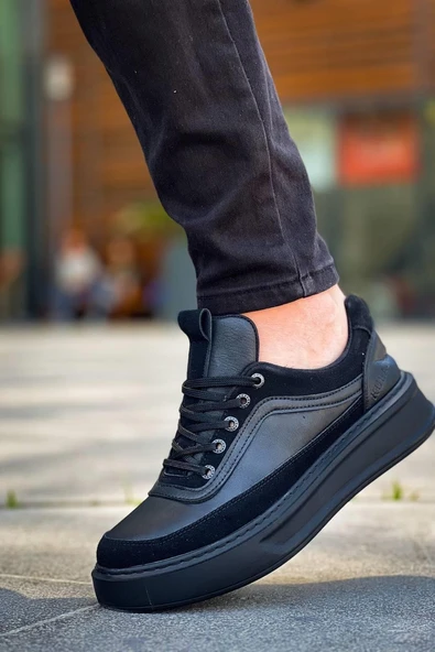 KB-006 Kuback Siyah Cilt Siyah Yüksek Taban Bağcıklı Günlük Erkek Ayakkabı - 4