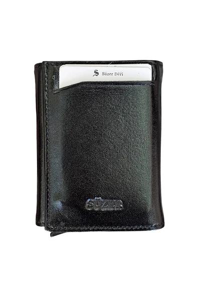 Siyah Otomatik Mekanizmalı Üçe Katlamalı Hakiki Deri Kredi Kartlık - 3007-Siyah - Resim 2