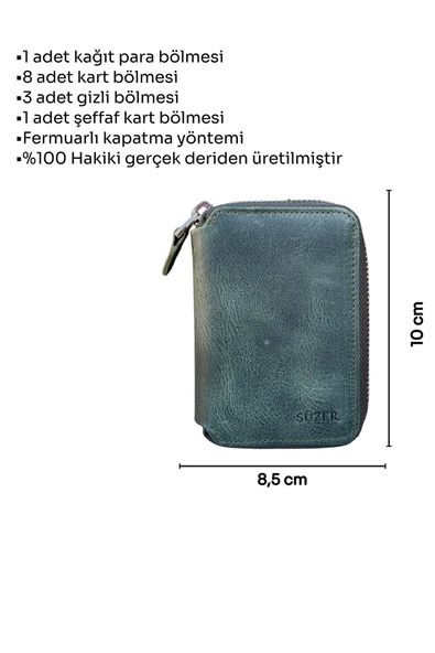 Crazy Haki Hakiki Deri Fermuarlı Mini Boy Unisex Spor Cüzdan - 3035-Haki - Resim 6