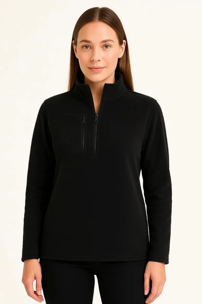 Kadın Polar Kazak – Dik Yaka, Yarım Fermuarlı, Fermuarlı Göğüs Cepli, Siyah Biyeli, Kışlık Rahat Regular Fit Günlük Mode - 4