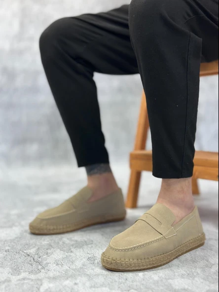 BA0359 BOA Doğal Deri Tozu Bağcıksız Kauçuk El Yapımı Espadril Taban Krem Renk Erkek Ayakkabı - 3