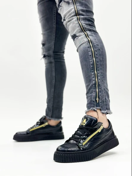 SNR-308 BOA Kalın Yüksek Taban Çift Fermuarlı Siyah Siyah Erkek Ayakkabı - 3