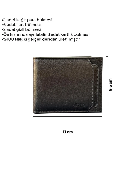 Siyah Hakiki Deri Çıkarılabilir Kartlıklı Yatay Klasik Erkek Cüzdan - 3003-Siyah - Resim 5