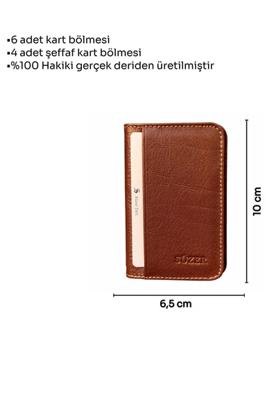 Taba Hakiki Deri Mini Boy İkiye Katlanır Düz Model Kredi Kartlık - 3044-Taba - Resim 5