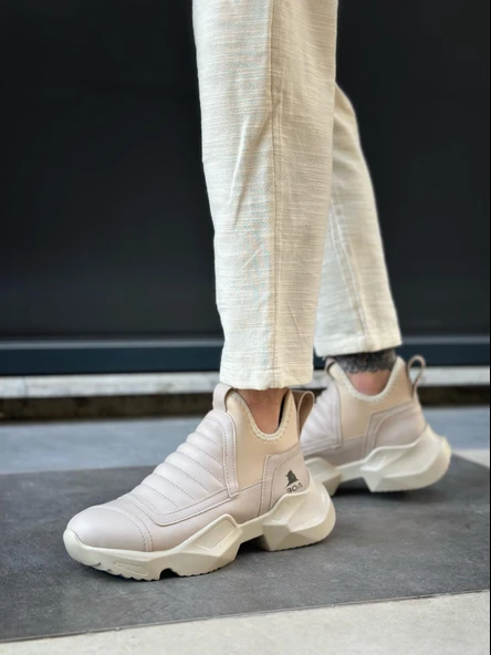 BA0401 Bağcıksız Rahat Yüksek Taban Krem Erkek Spor Yarım Bilek Bot