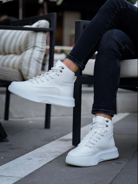 BA0321 Gizli Bağcıklı Erkek Yüksek Taban Beyaz Spor Bot - Resim 8
