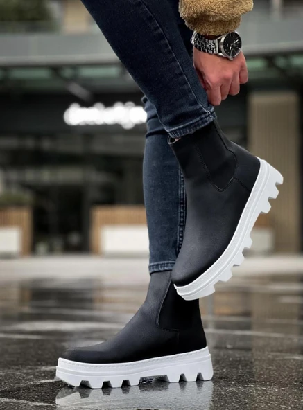 Knack Yüksek Taban Chelsea Bot 113 Siyah (Beyaz Taban)