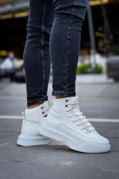 BA0321 Gizli Bağcıklı Erkek Yüksek Taban Beyaz Spor Bot - Resim 3