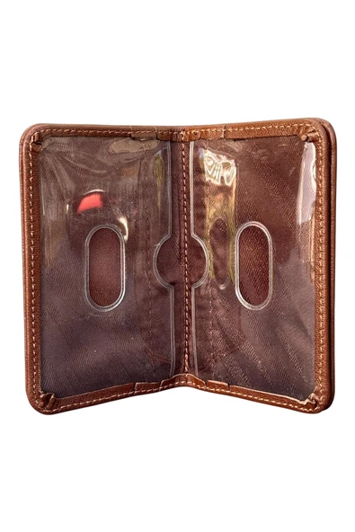 Taba Hakiki Deri Mini Boy İkiye Katlanır Düz Model Kredi Kartlık - 3044-Taba - Resim 3