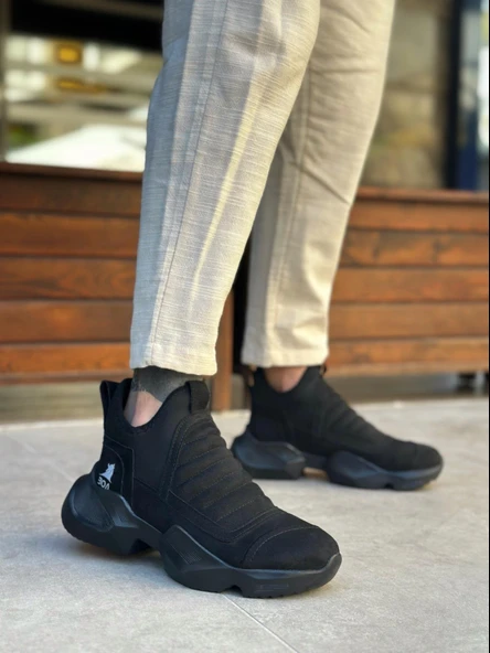 BA0401 Bağcıksız Rahat Yüksek Siyah Taban Siyah Süet Erkek Spor Yarım Bilek Bot - Resim 2