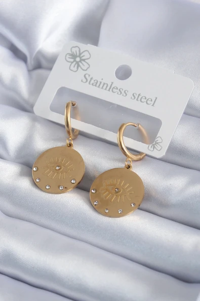 pilelistore 316L Çelik Gold Renk Zirkon Taşlı Göz İşleme Model Kadın Küpe - TJ-BKP7985