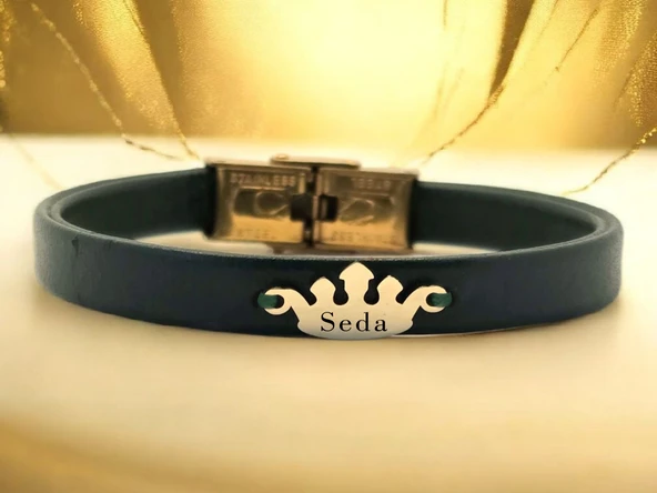 14 Ayar Altın Plakalı İsme Özel Taç Motifli Koyu Yeşil Derili Hediye Bileklik-639 ürün görseli