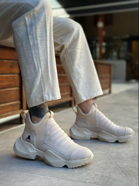 BA0401 Bağcıksız Rahat Yüksek Taban Krem Erkek Spor Yarım Bilek Bot - 2